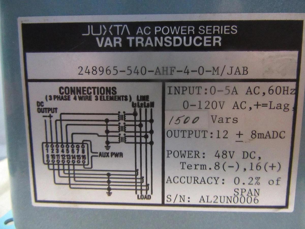 Used YOKOGAWA JUXTA VAR TRANSDUCER 248965-540-AHF-4-0-M/JAB 120 VAC 1500 VARS