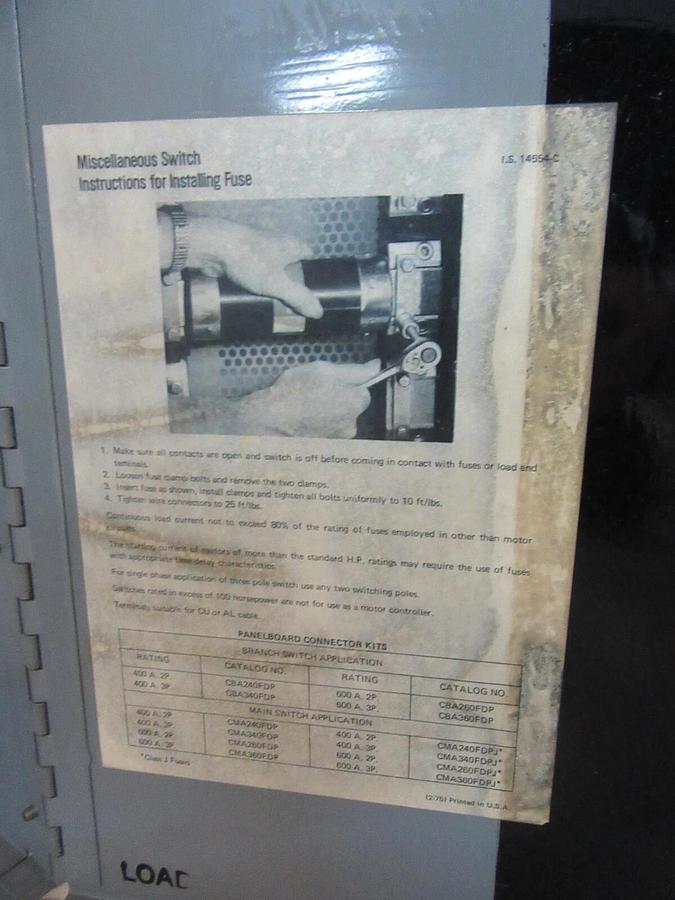 Used WETINGHOUSE FUSE PANELBOARD SWITCH FDP-365R 400 AMP 600 VAC 350 HP 3-POLE