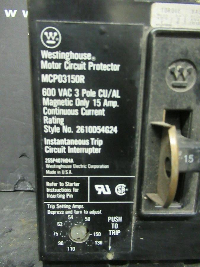Used 15 AMP WESTINGHOUSE BREAKER MCP03150R 600 VAC 3-POLE **WARRANTY INCLUDED!**