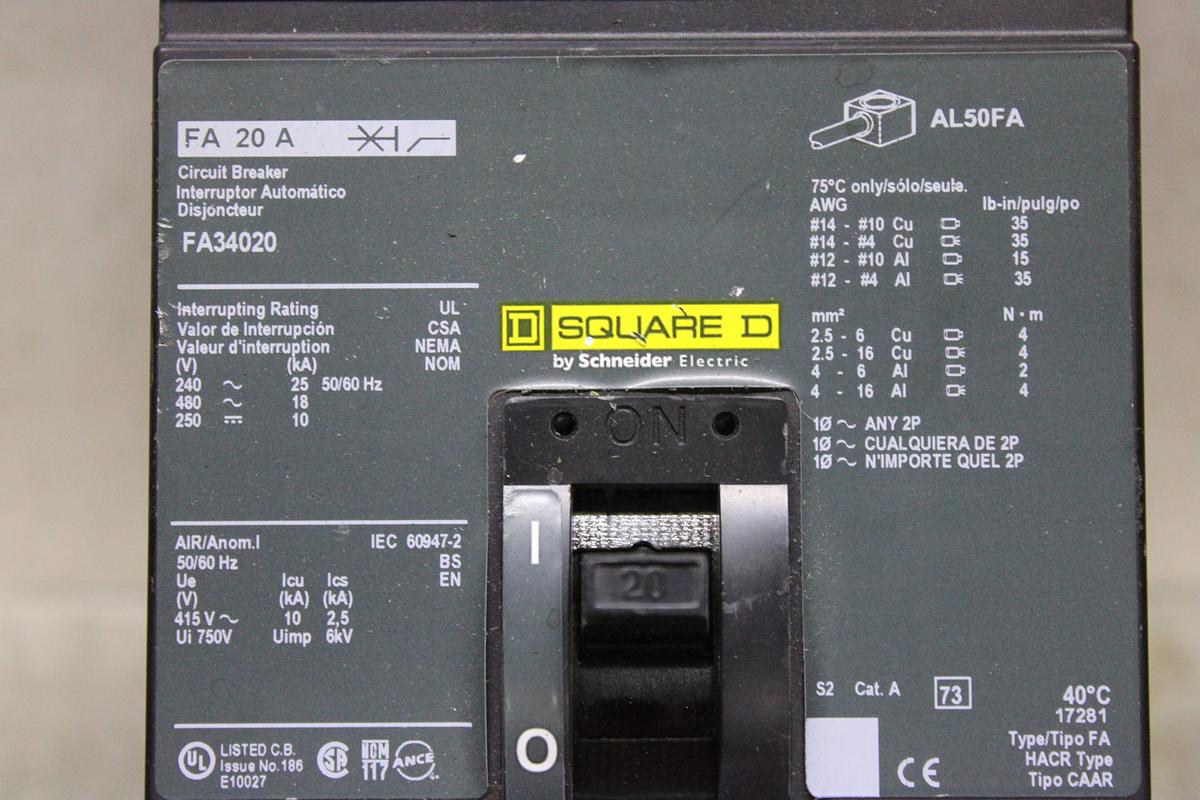 Used SQUARE D I-LINE CIRCUIT BREAKER FA36100 100 AMP 600 VAC 3-POLE