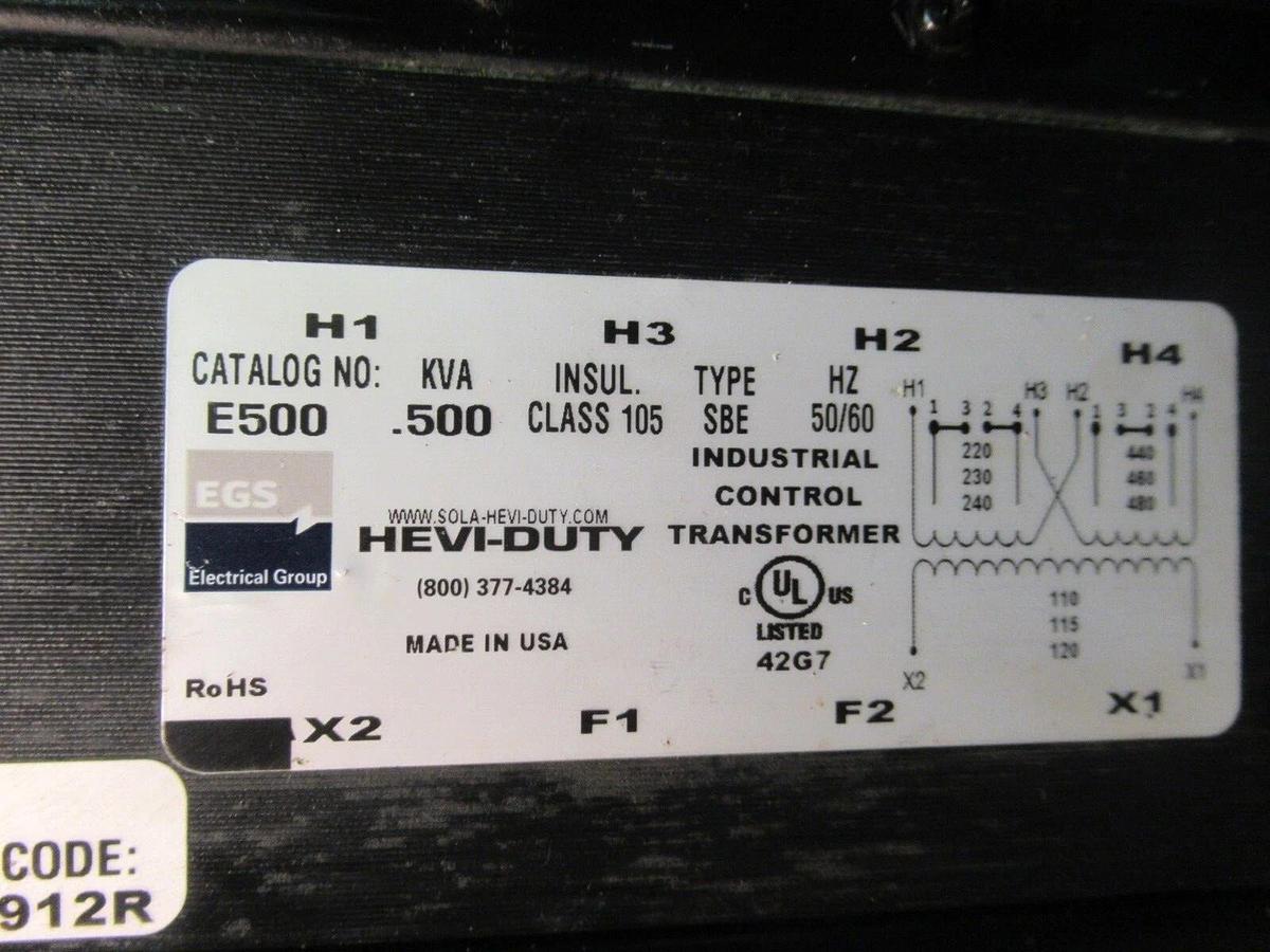 Used GENERAL SIGNAL HEVI-DUTY TRANSFORMER E500 0.5 KVA 240/480 VAC 60 HZ