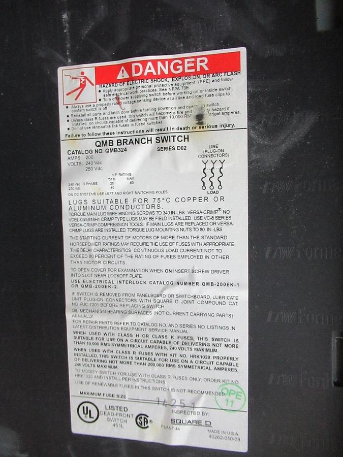 Used SQUARE D FUSIBLE PANELBOARD QMB-324 SER. D2 200 AMP 3-POLE 240 VAC 60 HP