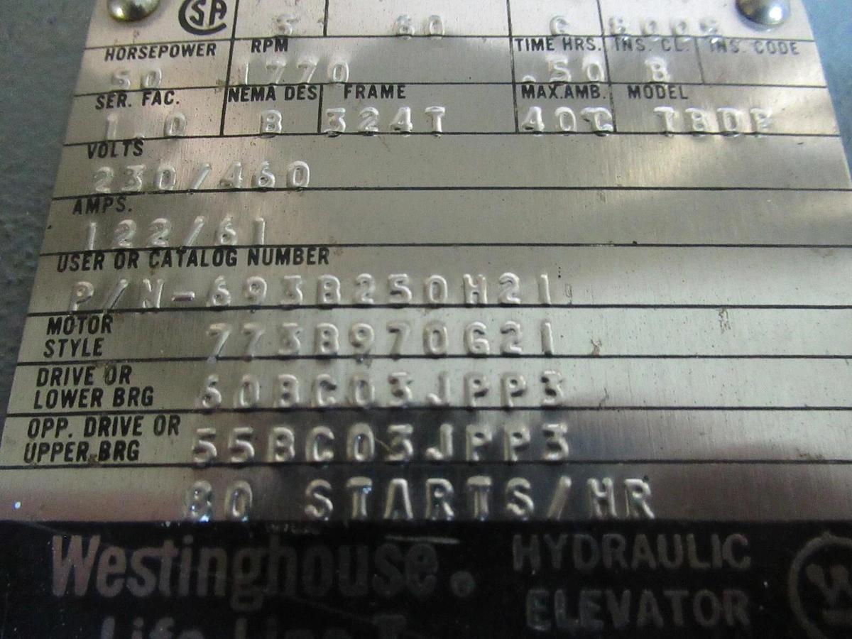Used WESTINGHOUSE MOTOR 693B250H21 50 HP 3 PHASE 1770 RPM MODEL: TBDP FRAME: 324T