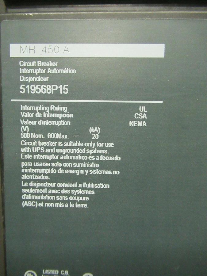 Used 450 AMP SQUARE D BREAKER 519568P15 600 VDC 3 POLE W/ AUXILIARY SWITCH & UVR
