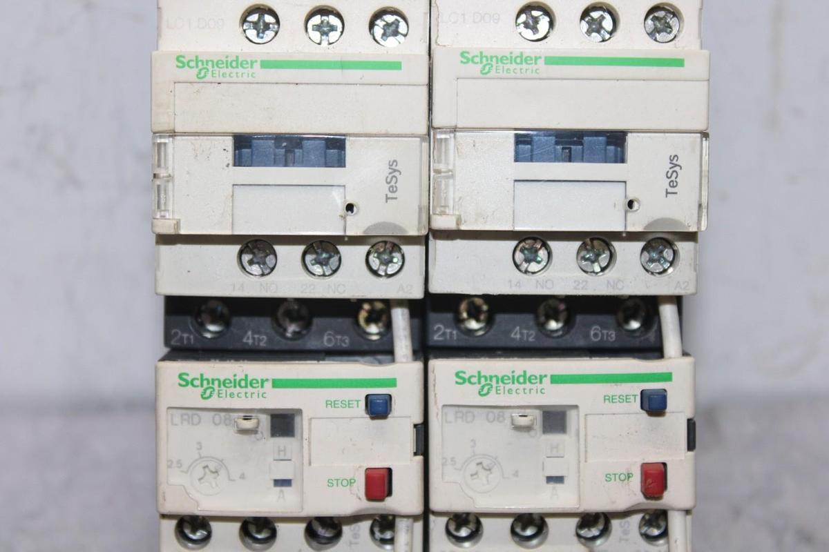 Used SCHNEIDER REVERSING STARTER LC1D09 600V 25A 7.5HP 3-PHASE 3-POLE W/ LRD08