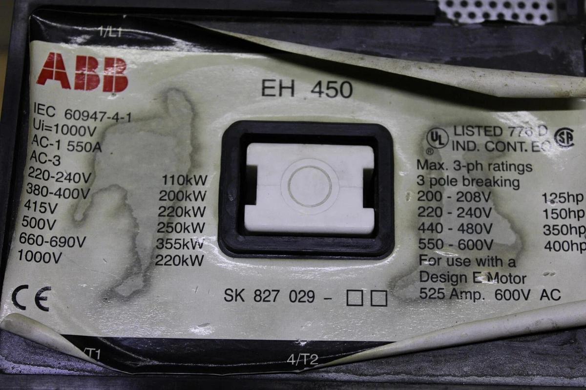 Used ABB CONTACTOR EH-450 525 AMP 600 VAC 3-PHASE 3-POLE 400 HP COIL: 220V