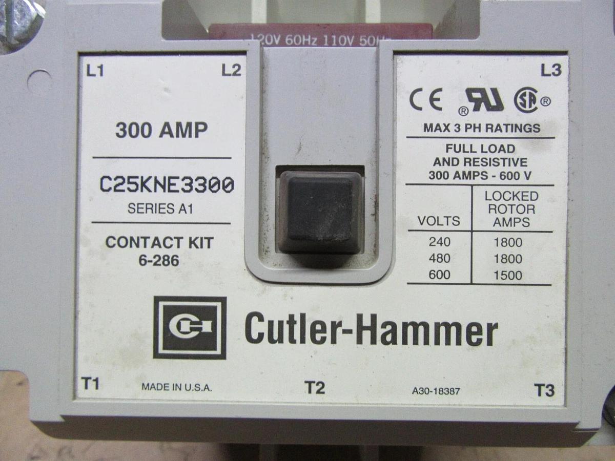 Used CUTLER HAMMER CONTACTOR C25KNE3300 300 AMP 600 VAC 3-PHASE COIL: 110/120 V