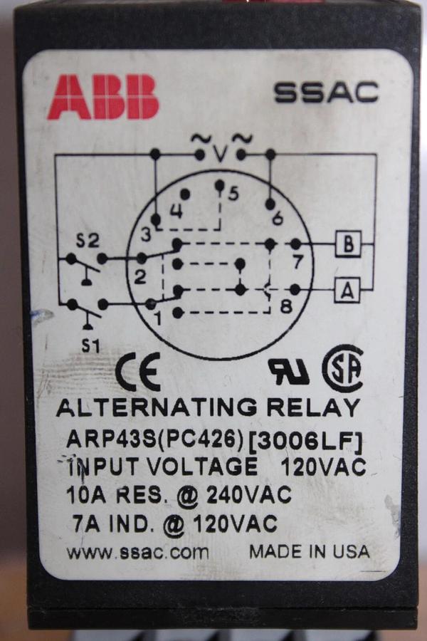 Used ABB SSAC ALTERNATING RELAY ARP43S (PC426) 120 VAC 10 AMP W/ 5X852M BASE