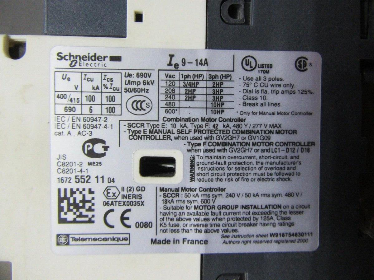 Used SCHNEIDER MANUAL MOTOR STARTER GV2-P16 600 VAC 10 HP 14 AMP 3-PHASE