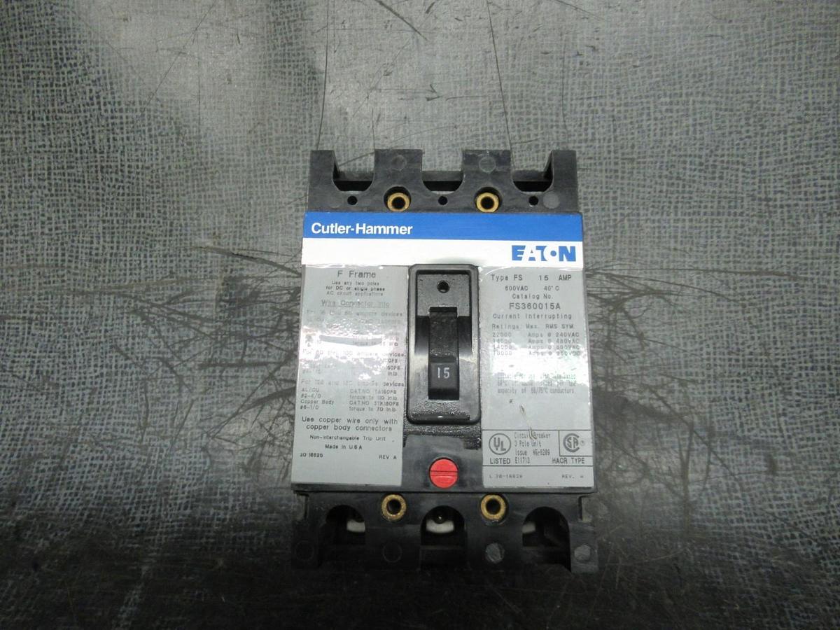 Used CUTLER HAMMER CIRCUIT BREAKER FS360015A 15A 600VAC 3-POLE **WARRANTY INCLUDED**