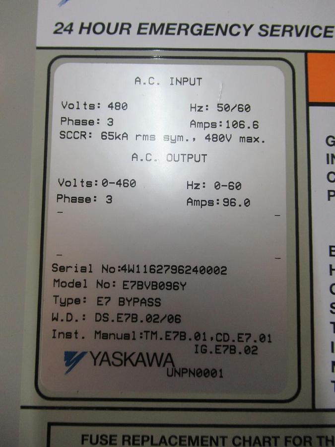 Used YASKAWA AC DRIVE E7BVB096Y 480 VOLT 65 KVA 106.6 AMP 3-PHASE BYPASS **WARRANTY**