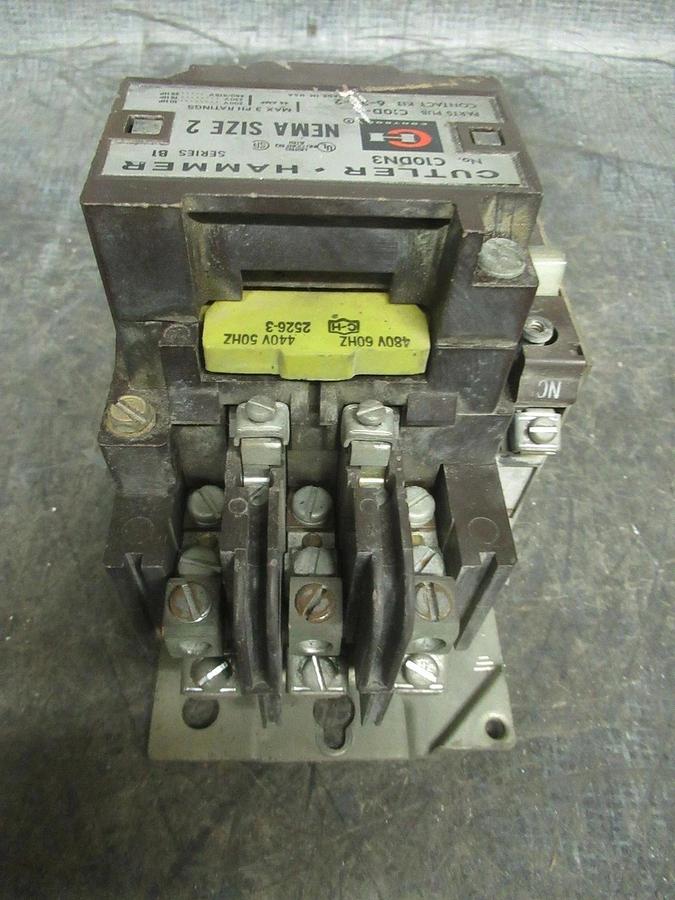 Used CUTLER-HAMMER CONTACTOR C10DN3 NEMA SIZE 2 45 AMP 600 VAC 25 HP COIL: 480V