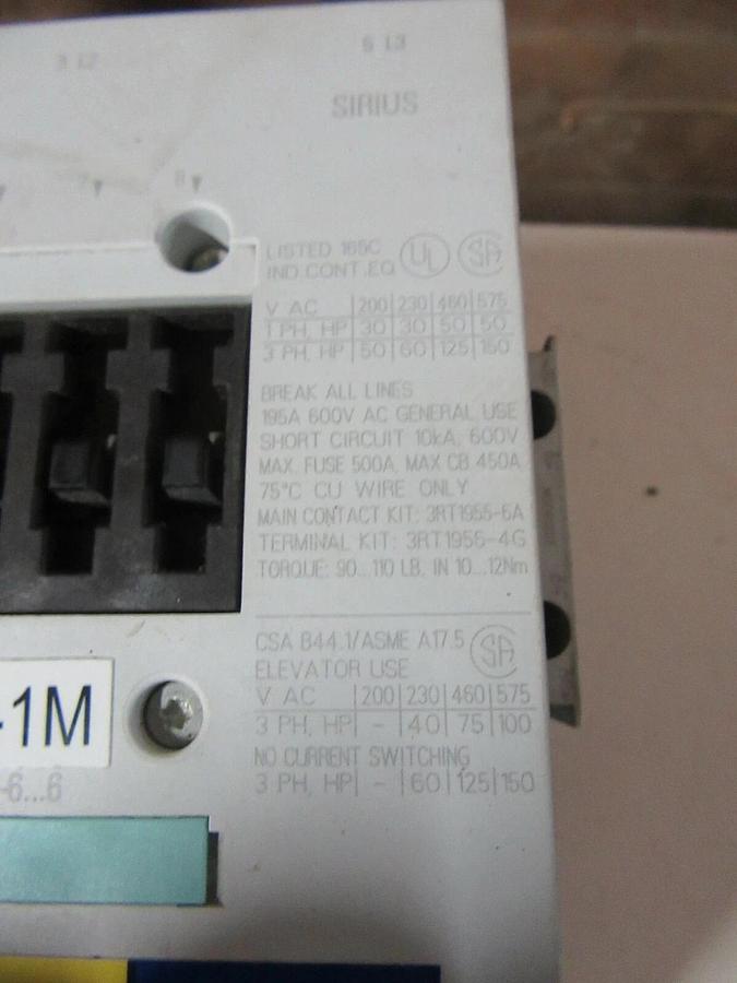 Used SIEMENS SIZE 4.5 SIRIUS STARTER 125 HP @ 460 V 3PH 195 A 120 V COIL 3RT1055-6