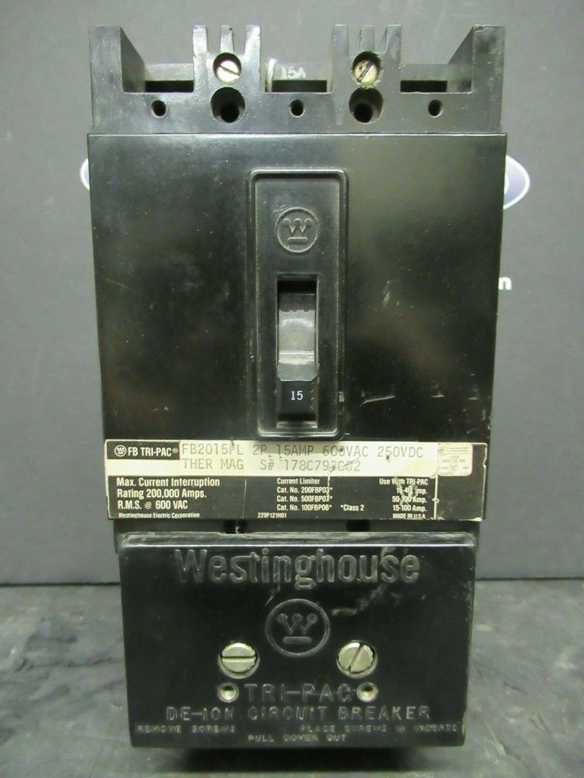Used 15 AMP WESTINGHOUSE FB TRI-PAC BREAKER FB2015PL 2-POLE 600 VAC