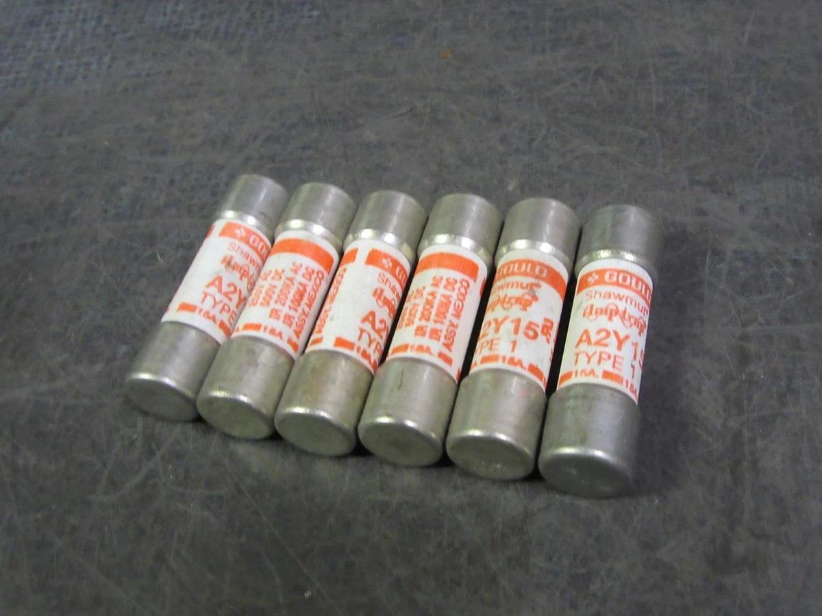 Used LOT OF 5 A2YI5 GOULD SHAWMUT AMPTRAP FUSE 15 AMP 250 VAC 500 VDC TYPE 1 A2Y15