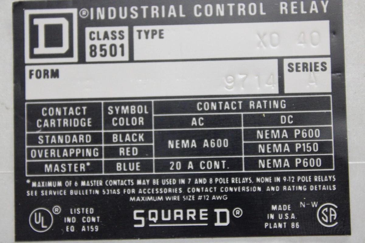 Used SQUARE D INDUSTRIAL CONTROL RELAY 8501-X0-40-9714 W/ TIMING RELAY 8501-XTE1