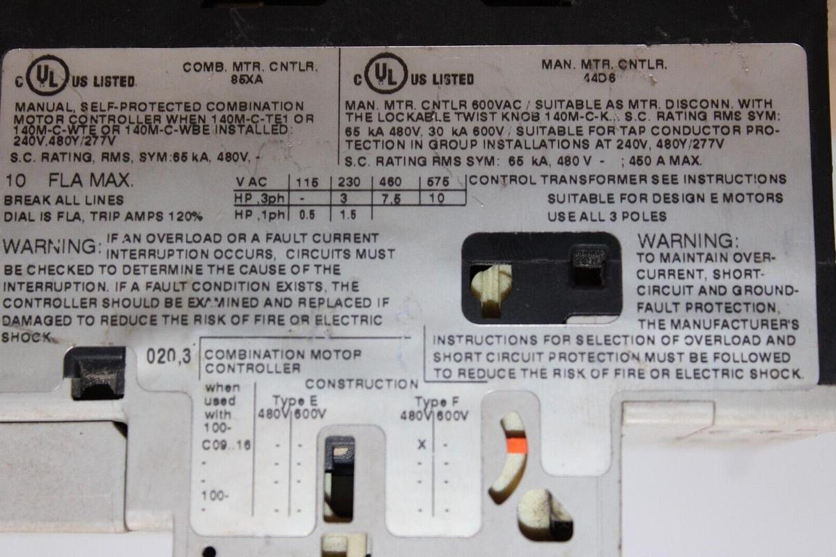 Used ALLEN BRADLEY MANUAL MOTOR STARTER 140M-2CE-C10 10 AMP 600 VAC