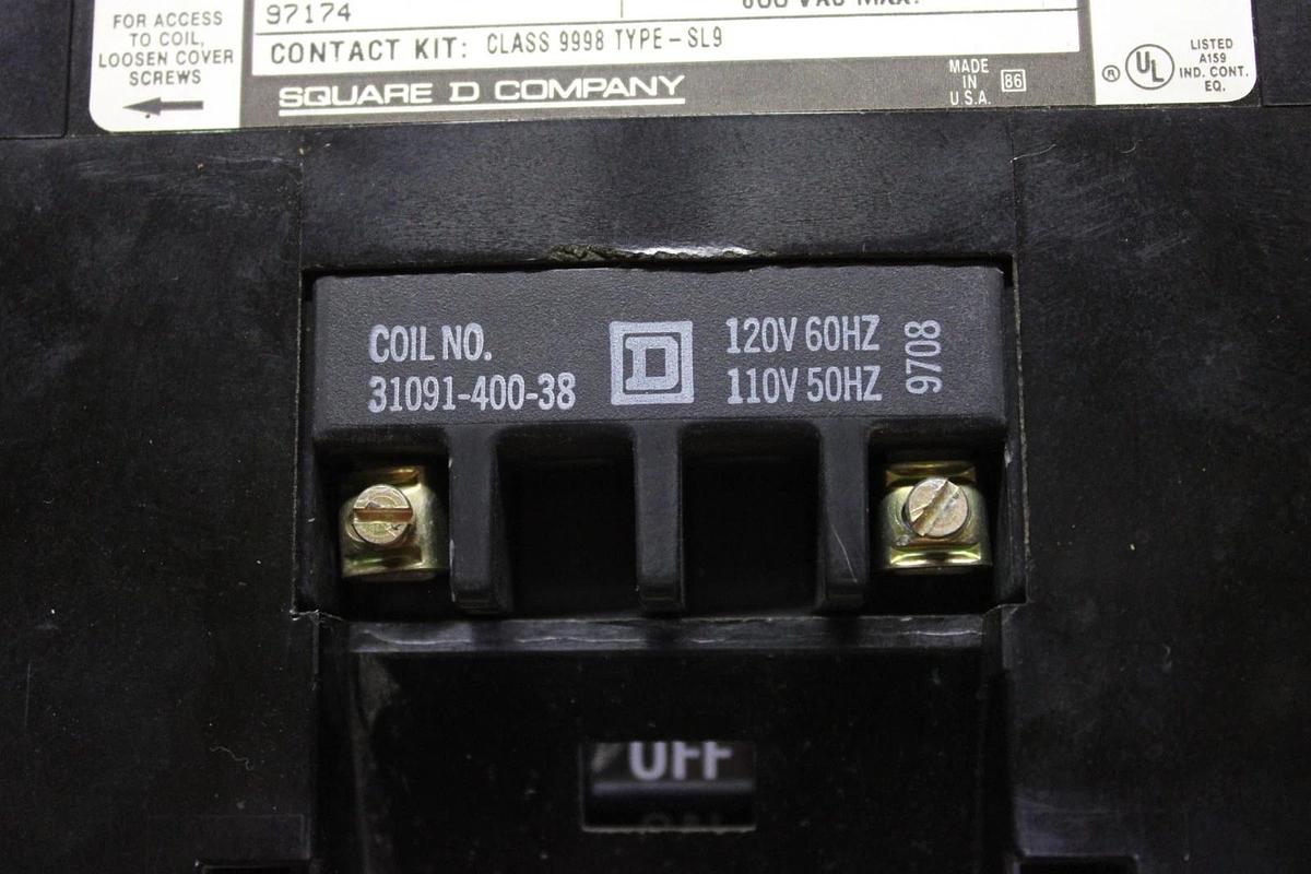 Used SQUARE D CONTACTOR 8502SF02 NEMA SIZE 4 600 VAC 100 HP COIL: 120 VOLT