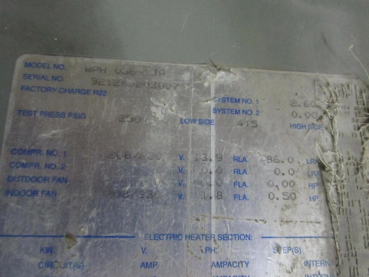 Used 3 TON MARS INDOOR TEMPORARY WATER-TO-AIR PACKAGED HEAT PUMP 1060 CFM WPH 036-1JA