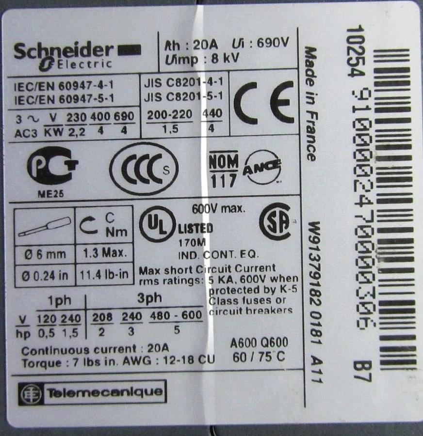 Used SCHNEIDER RELAY LC1K09-10B7 600 VOLT 20 AMP 5 HP 3-PHASE **WARRANTY**