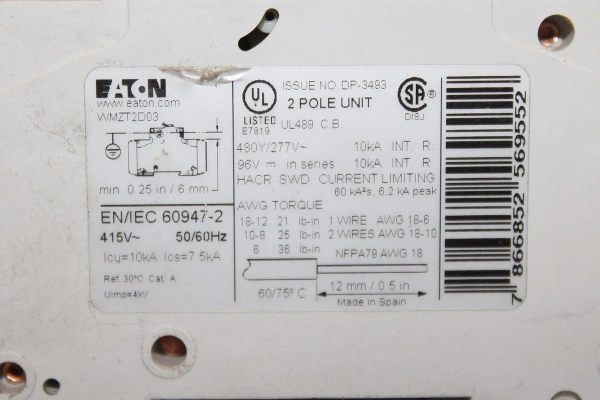 Used EATON CIRCUIT BREAKER WMZT2D03 2-POLE 3 AMP 277/480 VAC AM47E