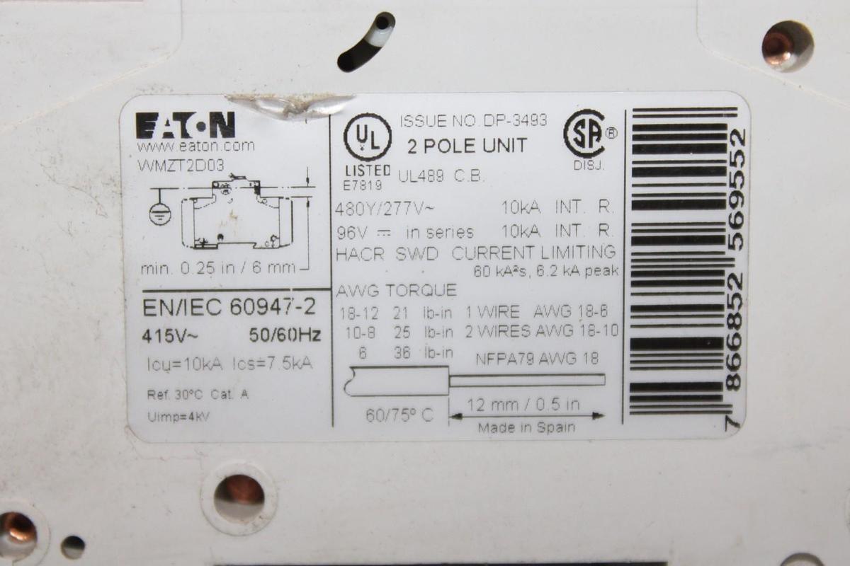 Used EATON CIRCUIT BREAKER WMZT2D03 2-POLE 3 AMP 277/480 VAC AM47E