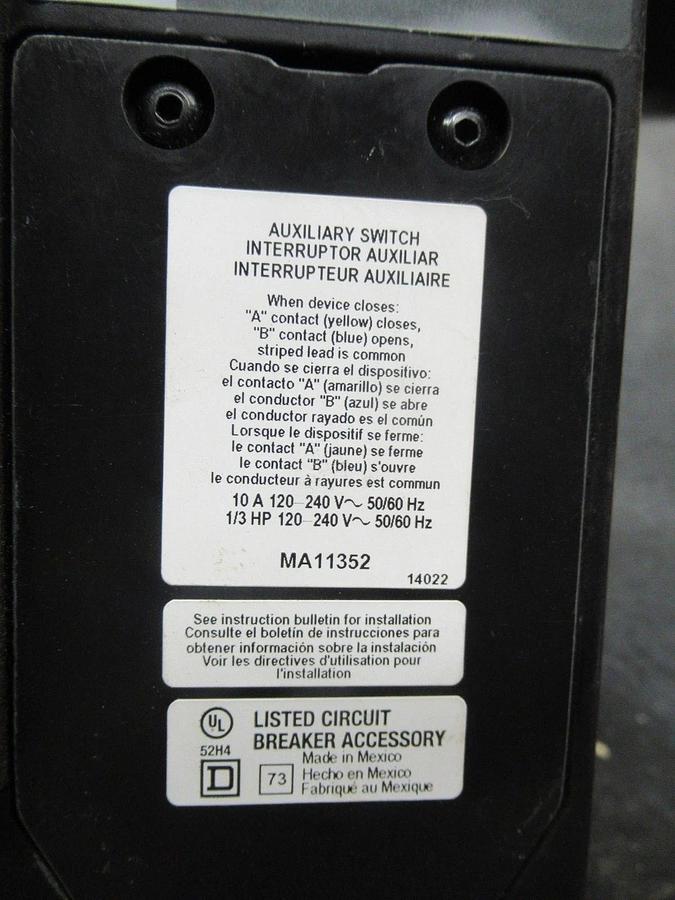 Used SQUARE-D BREAKER MHL3650032DC1625 500A 600VDC W/ AUXILIARY SWITCH & UVR & LUGS
