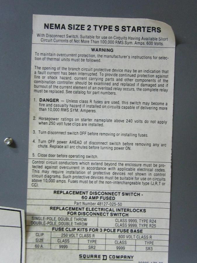 Used SQUARE D TWIN MCC FUSIBLE STARTER BUCKET 12" MODEL: 4 SIZE 1 W/ 8536-SDO1