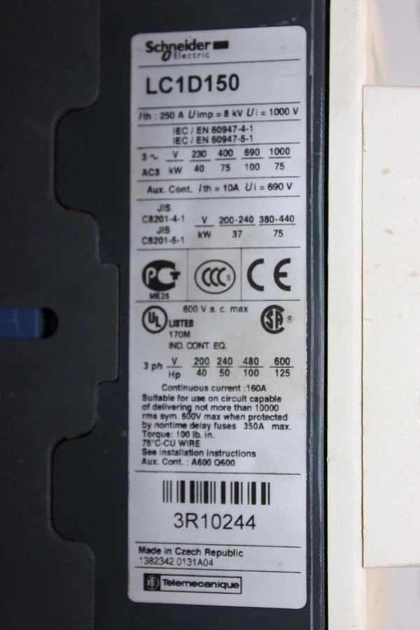 Used SCHNEIDER CONTACTOR LC1D150 250 AMP 600 VAC 3-POLE 125 HP **WARRANTY**