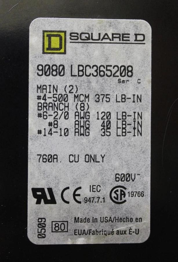Used SQUARE D WIRE TERMINAL BLOCK 9080-LBC365208 760 AMP 600 VOLT CU WIRE ONLY