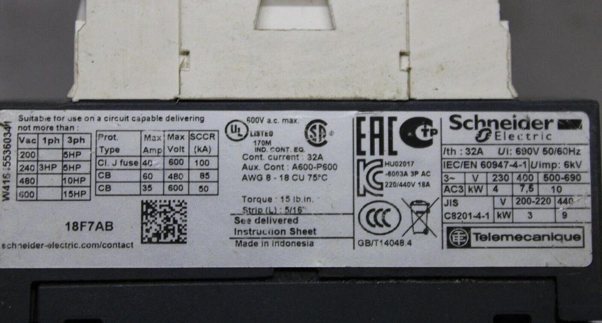 Used SCHNEIDER CONTACTOR LC1D18 32 AMP 600 VAC 3-POLE 3-PHASE 10 KW COIL: 110V