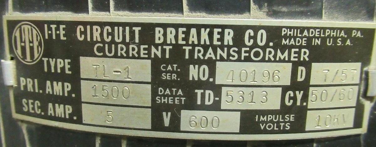 Used ITE CURRENT TRANSFORMER 40196 TL-1 10 KV 600 V 1500 AMP **WARRANTY INCLUDED**
