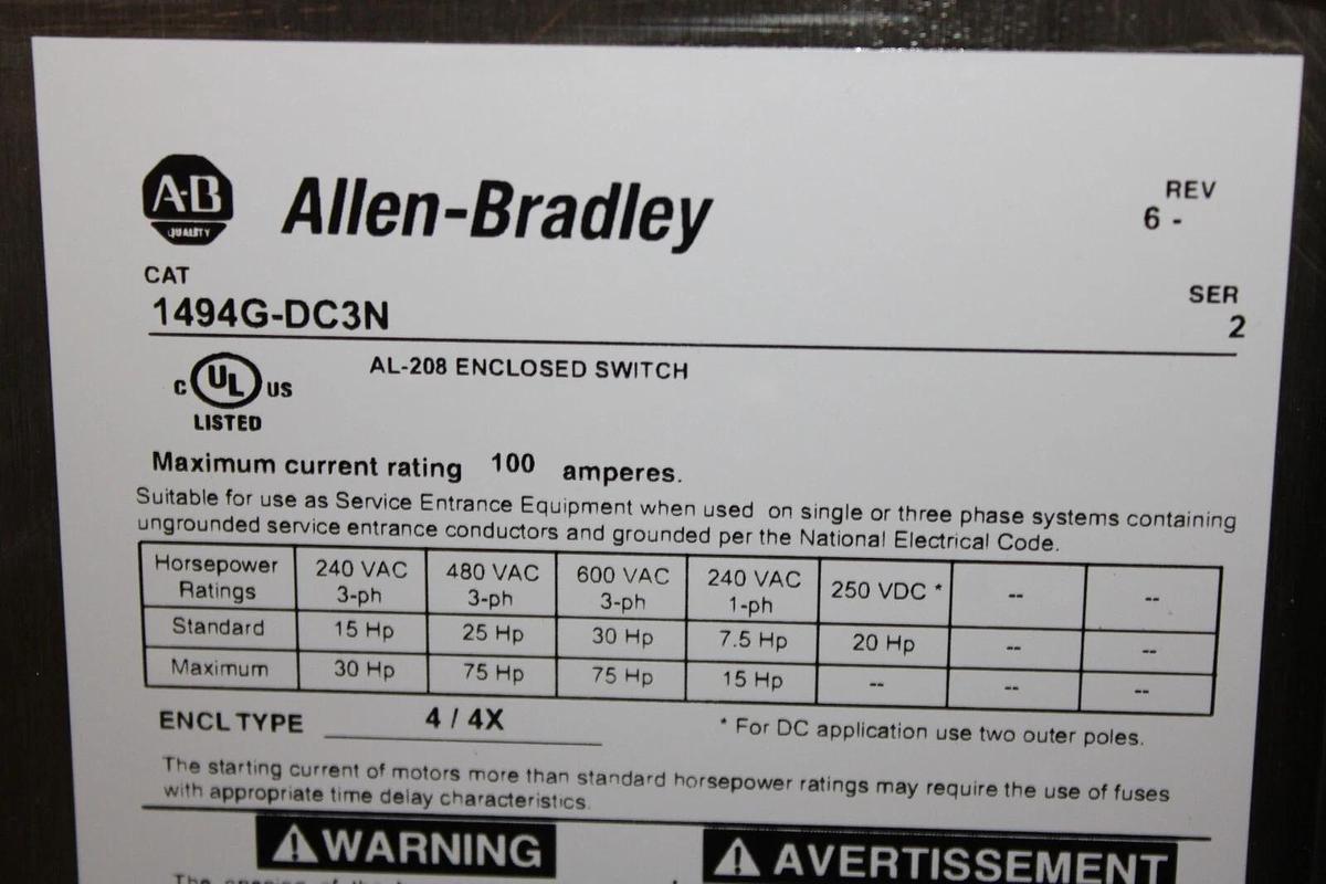 NEW ALLEN BRADLEY STAINLESS STEEL 4X ENCLOSURE 1494G-DC3N 100 AMP DISCONNECT