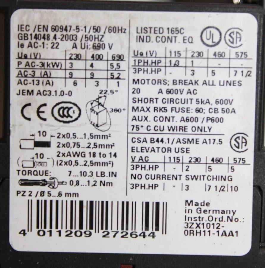 Used SIEMENS CONTACTOR 3RT1016-1AB01 20A 600V 5HP W/ 3RT1916-2CG11 TIME DELAY RELAY