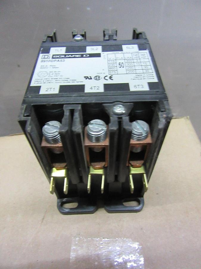 Used SQUARE D CONTACTOR 8910DPA53 50 AMP 600 VAC 30 HP 3-POLE 3-PHASE COIL: 24 VOLT