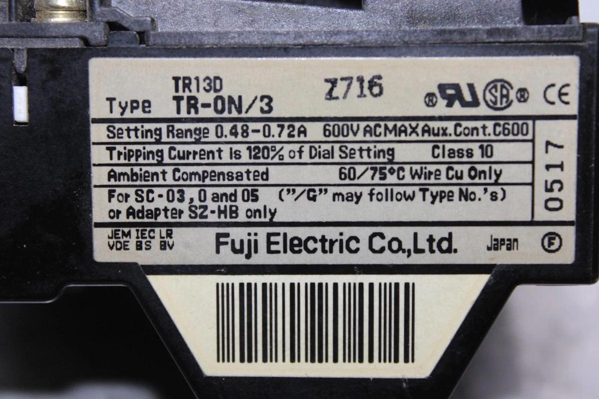 Used FUJI ELECTRIC STARTER SJ-0G 480 VAC 15 AMP 2.2 kW W/ TR-0N/3 RELAY