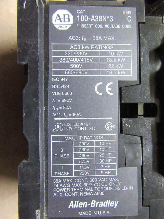 Used ALLEN BRADLEY CONTACTOR 100-A38N*3 600 VOLT 38 AMP 30 HP COIL: 110/120 VOLT