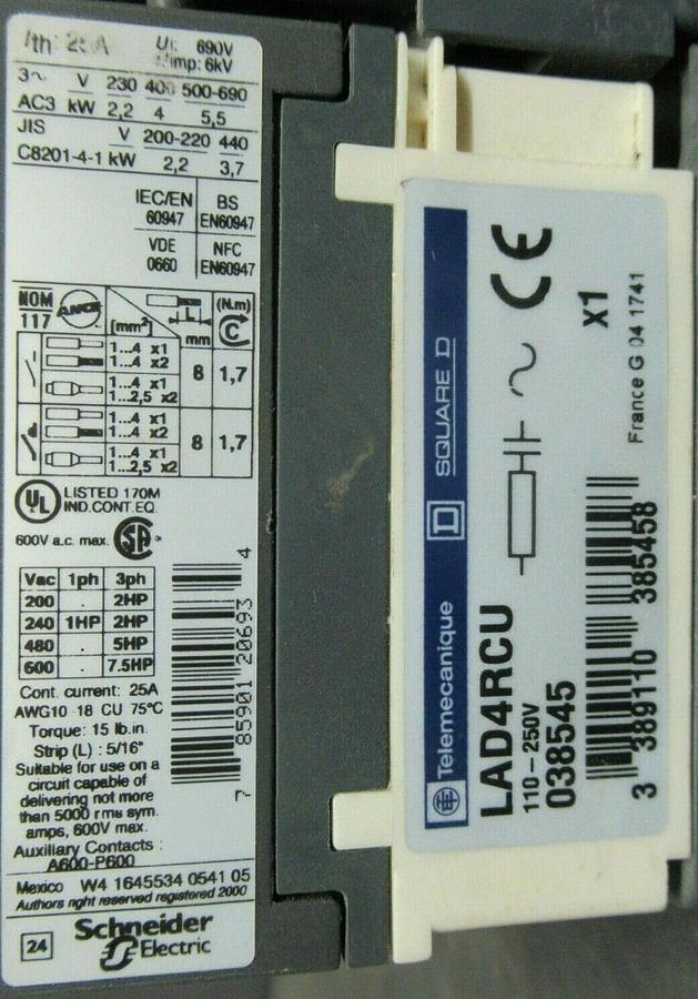 Used TELEMECANIQUE CONTACTOR LC1D09 600 VAC 25 AMP W/ GV2ME10 MANUAL MOTOR START