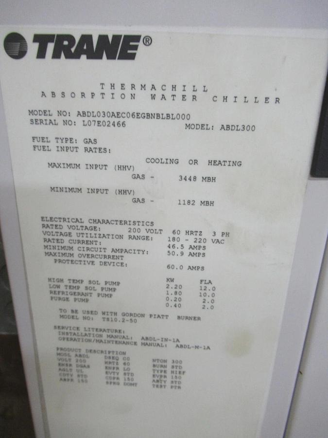 Used TRANE THERMACHILL CONTROL PANEL FOR ABSORBTION CHILLER 180-220 VAC 46.5-50.9 AMP