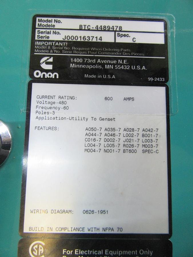 Used 600 A ONAN / CUMMINS AUTOMATIC TRANSFER SWITCH 480 V 3 PH BYPASS 0306-4171-21