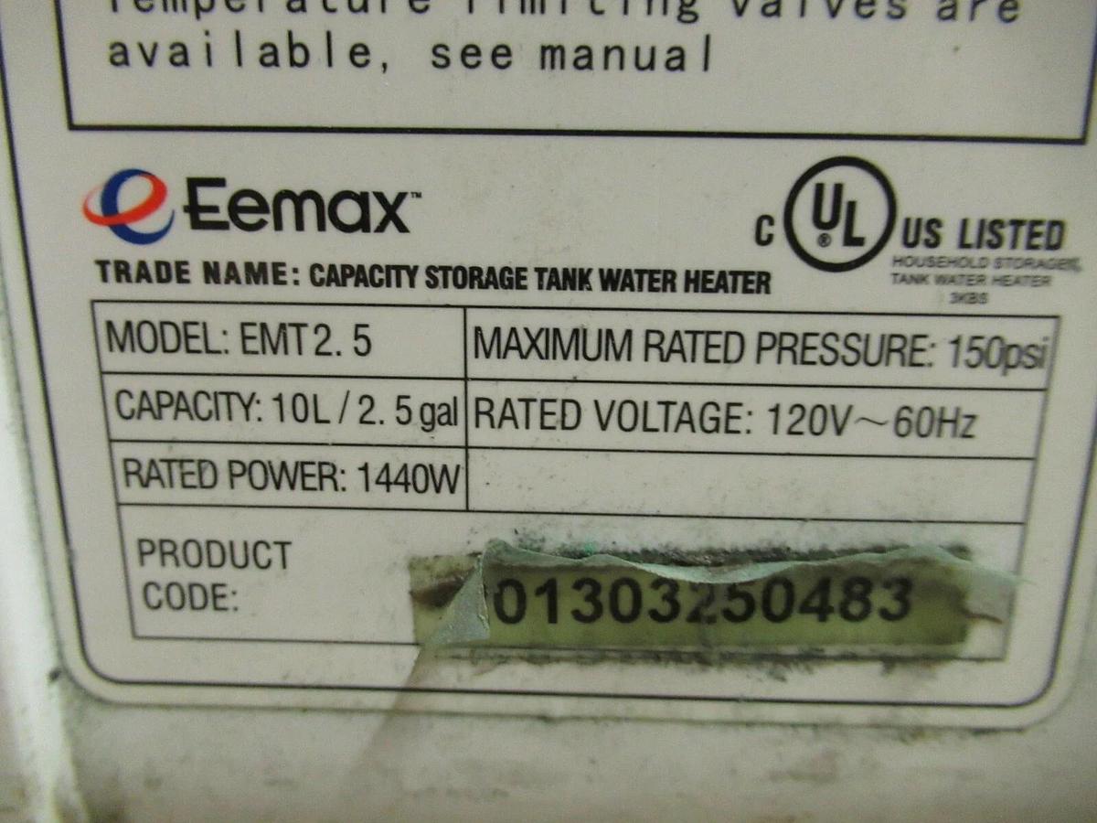 Used EEMAX EMT2.5 STORAGE TANK WATER HEATER 150 PSI  2.5 GALLON 1440 WATT 120 VAC