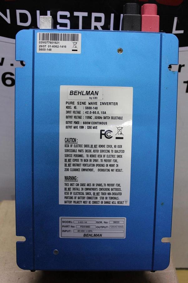 Used BEHLMAN PURE SINE WAVE INVERTER S600-148 INPUT: 60 VOLT 15 AMP OUTPUT: 110 VAC