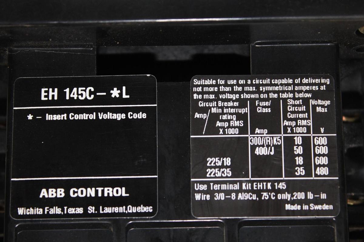 Used ABB CONTACTOR EH145C-YL11 200 AMP 600 VAC 3-POLE 125 HP COIL: 24 VDC