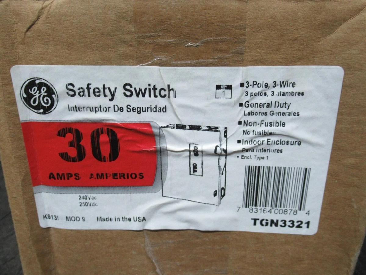 NEW IN BOX GE SAFETY SWITCH TGN3321 30 AMP 240 VAC 7.5 HP 3-POLE TYPE 1 ENCL.