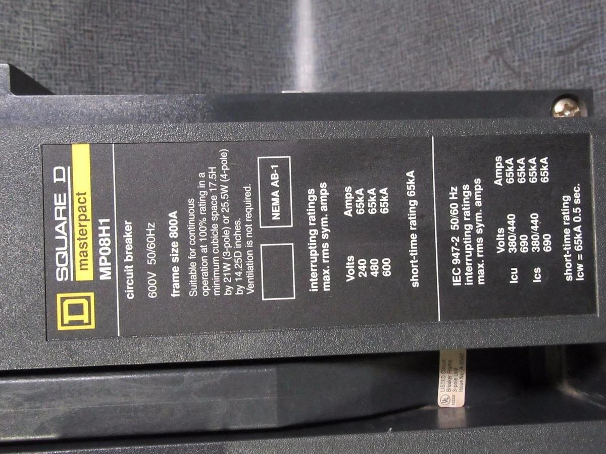 Used 800 AMP SQUARE D MP08H1 MASTERPACT BREAKER 800A 3P 600V  STR58U W/ LSI MP08HI