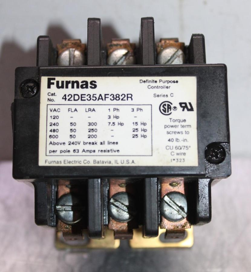 Used FURNAS CONTACTOR 42DE35AF382R 50 AMP 600 VAC 25 HP 3-POLE COIL: 110/120V