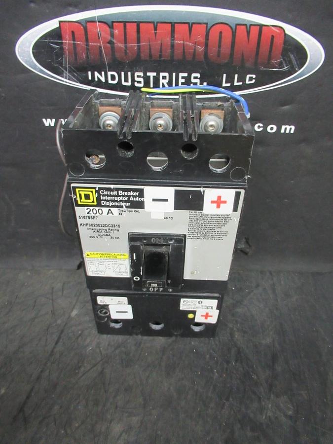 Used SQUARE D BREAKER KHF3620022DC2315 200 AMP 500 VDC W/ UNDERVOLTAGE TRIP AND AUX