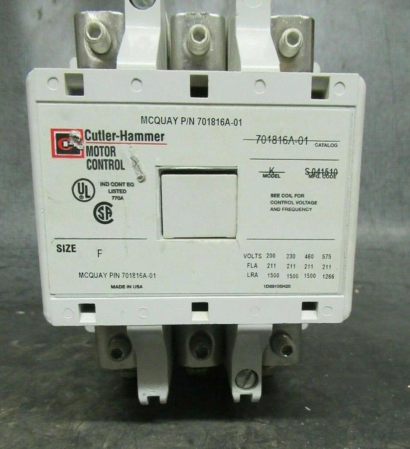 Used CUTLER HAMMER MCQUAY CONTACTOR 701816A-01 600 VAC 211 AMP COIL: 120V