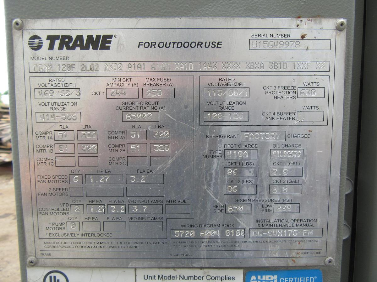 Used 2015 TRANE 120 TON AIR COOLED CHILLER 460 VOLT 410A 125 TON CGAM120