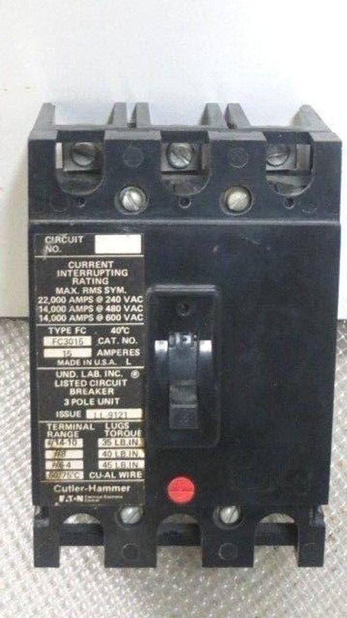Used CUTLER HAMMER FC BREAKER 15 AMP 600 VAC 3 POLE MODEL FC3015 **WARRANTY**